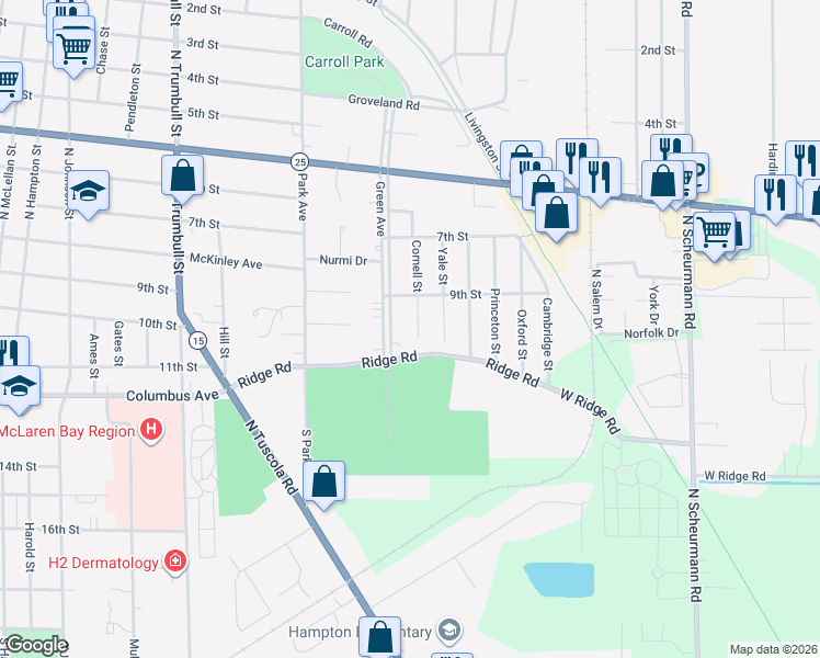map of restaurants, bars, coffee shops, grocery stores, and more near 306 Cornell Street in Bay City
