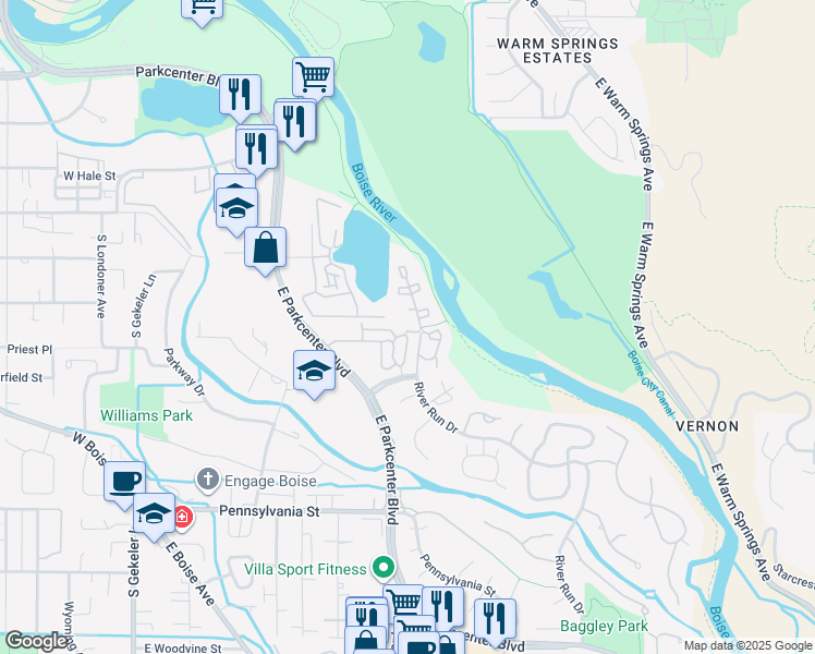 map of restaurants, bars, coffee shops, grocery stores, and more near 1671 South Riverstone Lane in Boise
