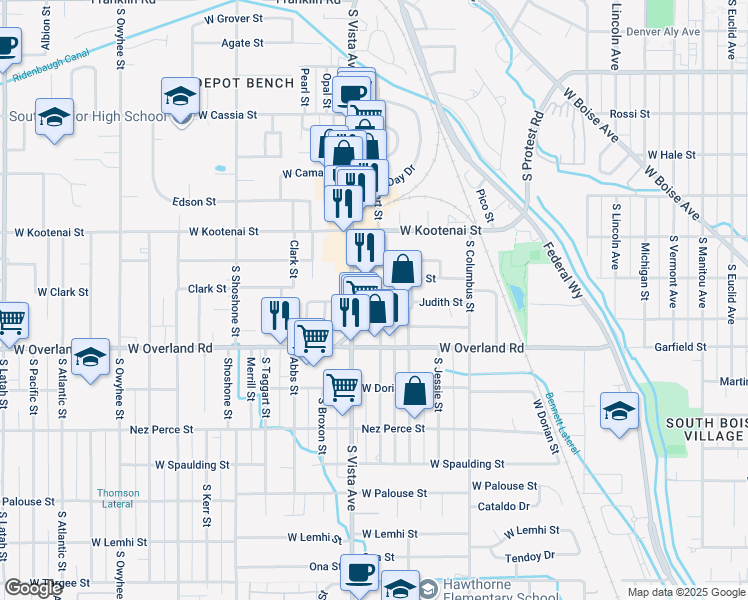 map of restaurants, bars, coffee shops, grocery stores, and more near 1401 Robert Street in Boise