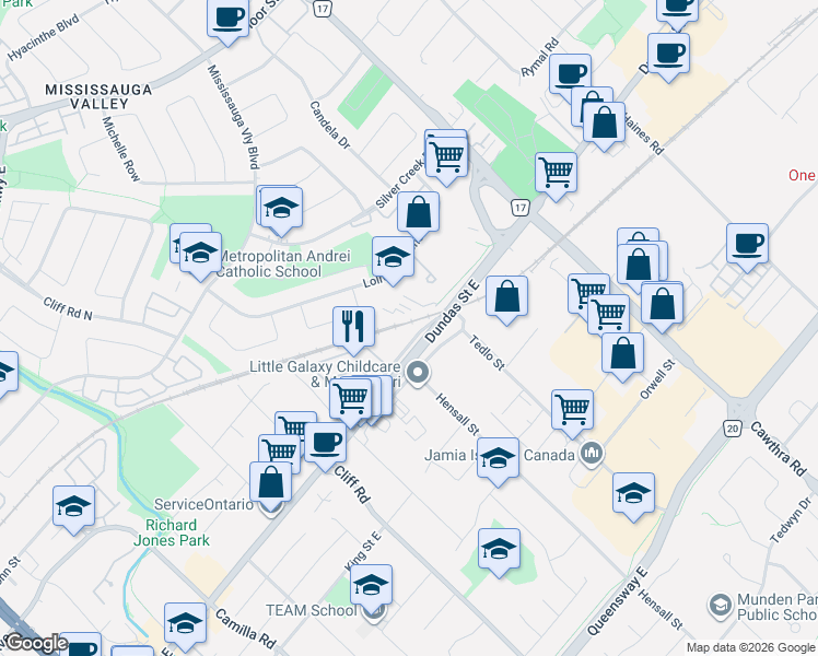 map of restaurants, bars, coffee shops, grocery stores, and more near 473 Hensall Circle in Mississauga
