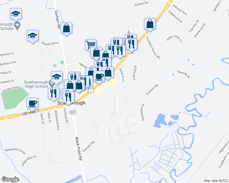 map of restaurants, bars, coffee shops, grocery stores, and more near Stratton Road in Scarborough