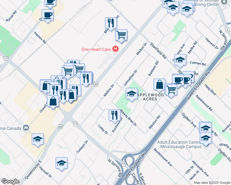 map of restaurants, bars, coffee shops, grocery stores, and more near 897 Johnathan Drive in Mississauga