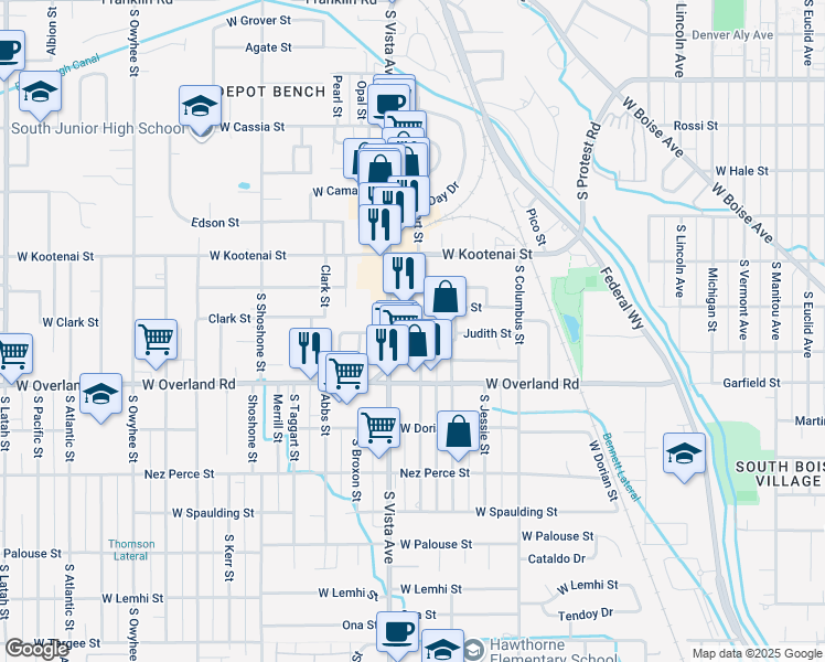 map of restaurants, bars, coffee shops, grocery stores, and more near 1401 Robert Street in Boise