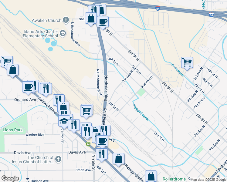 map of restaurants, bars, coffee shops, grocery stores, and more near 127 5th Street North in Nampa