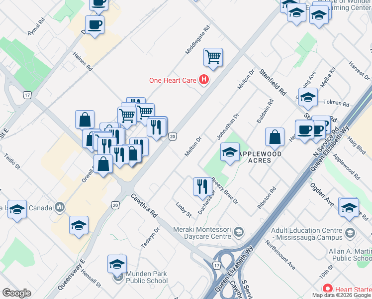 map of restaurants, bars, coffee shops, grocery stores, and more near 867 Melton Drive in Mississauga