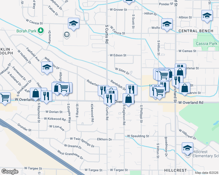 map of restaurants, bars, coffee shops, grocery stores, and more near 5740 Marvin Lane in Boise