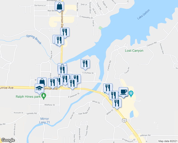 map of restaurants, bars, coffee shops, grocery stores, and more near 245 East Durkee Street in Wisconsin Dells