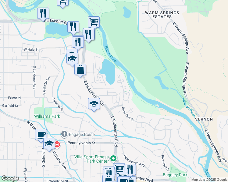 map of restaurants, bars, coffee shops, grocery stores, and more near 784 E Riverpark Ln in Boise