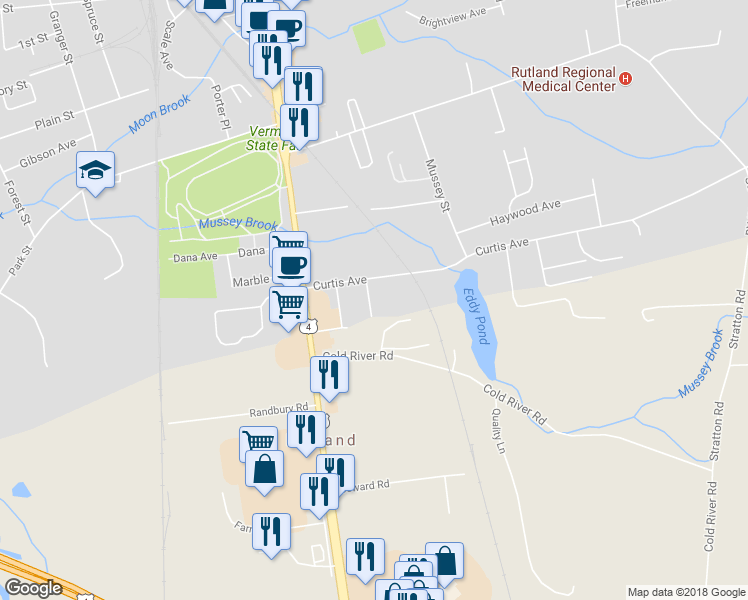 map of restaurants, bars, coffee shops, grocery stores, and more near 254 Horton Street in Rutland