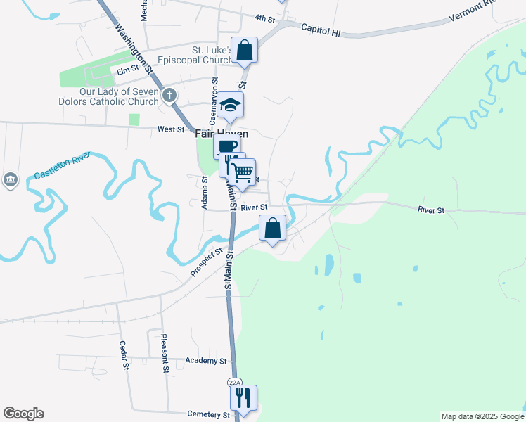 map of restaurants, bars, coffee shops, grocery stores, and more near 17 River St in Fair Haven