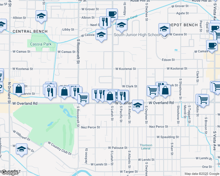 map of restaurants, bars, coffee shops, grocery stores, and more near 3812 Pershing Drive in Boise