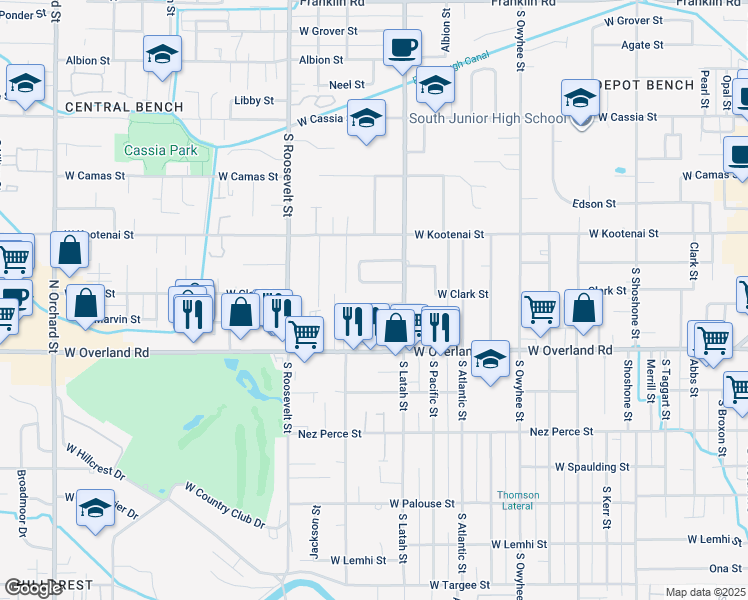map of restaurants, bars, coffee shops, grocery stores, and more near 3900 Pershing Drive in Boise