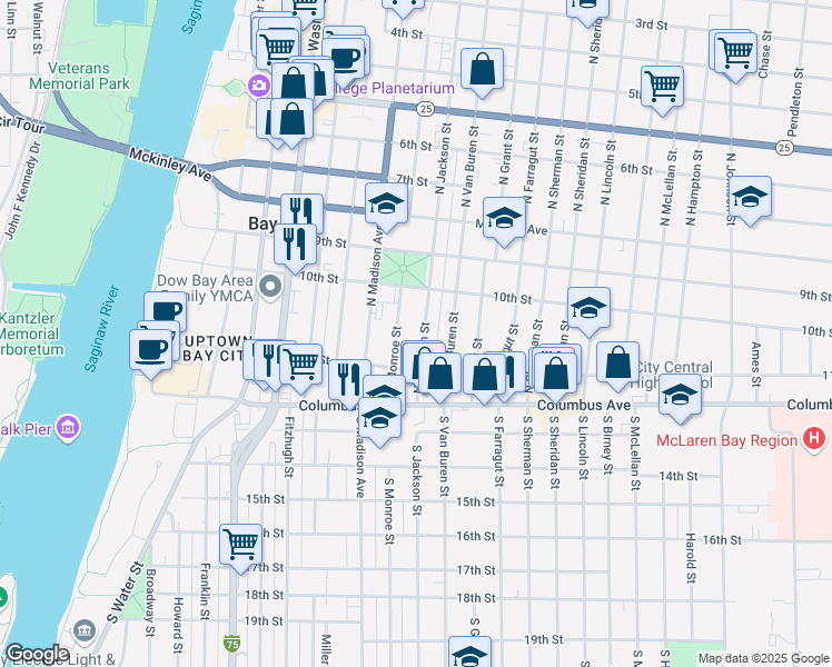 map of restaurants, bars, coffee shops, grocery stores, and more near 234 North Jackson Street in Bay City