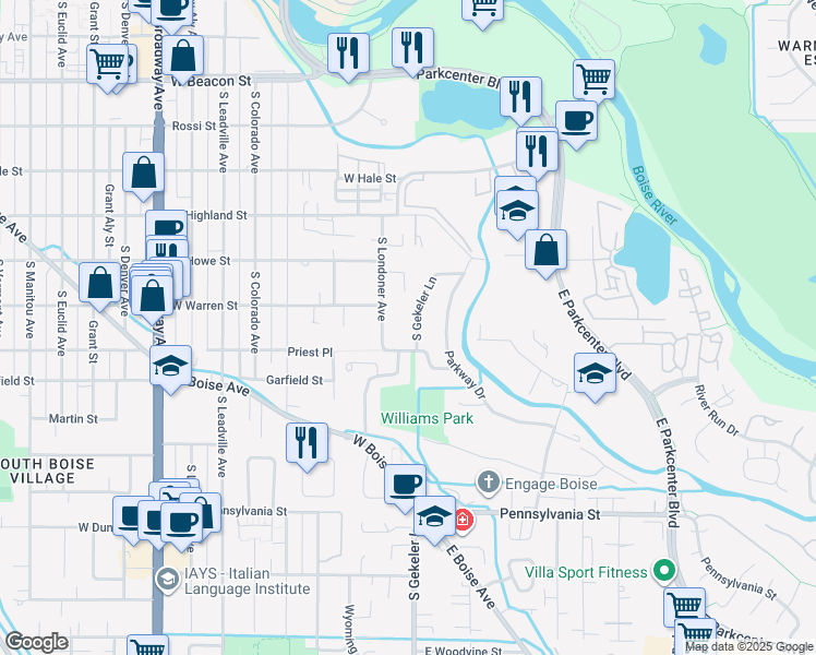 map of restaurants, bars, coffee shops, grocery stores, and more near 1733 S Gekeler Ln in Boise
