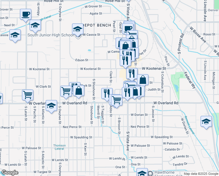 map of restaurants, bars, coffee shops, grocery stores, and more near 1406 South Wilcomb Street in Boise
