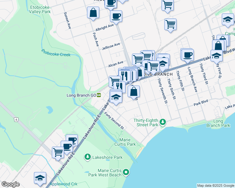 map of restaurants, bars, coffee shops, grocery stores, and more near 3835 Lake Shore Boulevard West in Toronto