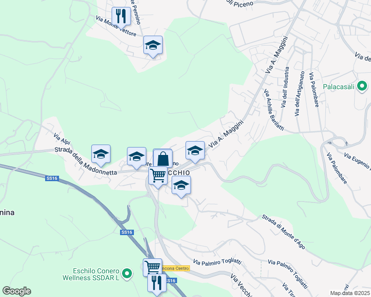map of restaurants, bars, coffee shops, grocery stores, and more near 13 Via Monte Carpegna in Ancona