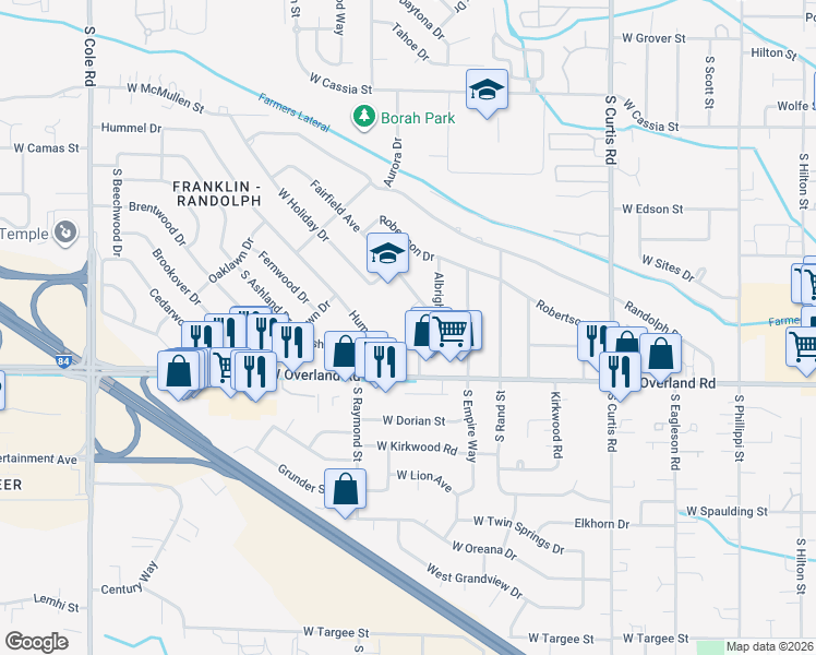 map of restaurants, bars, coffee shops, grocery stores, and more near 6411 Fairfield Avenue in Boise