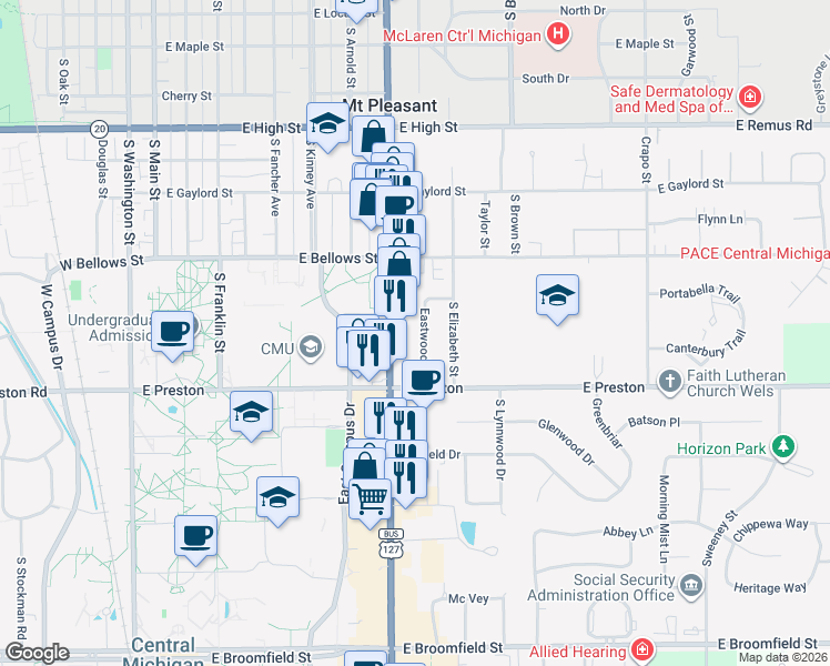 map of restaurants, bars, coffee shops, grocery stores, and more near 1140 Eastwood Drive in Mount Pleasant