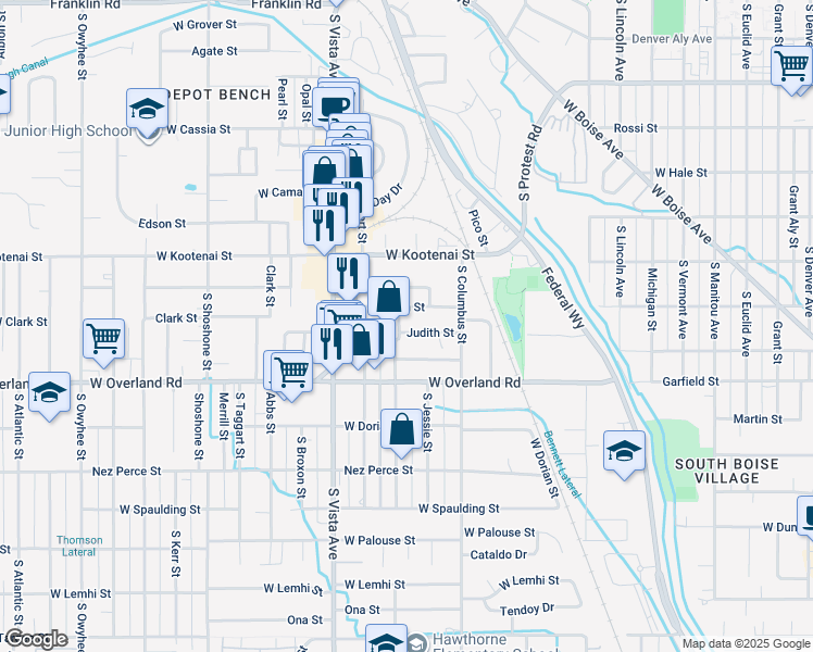 map of restaurants, bars, coffee shops, grocery stores, and more near 2320 Judith Street in Boise
