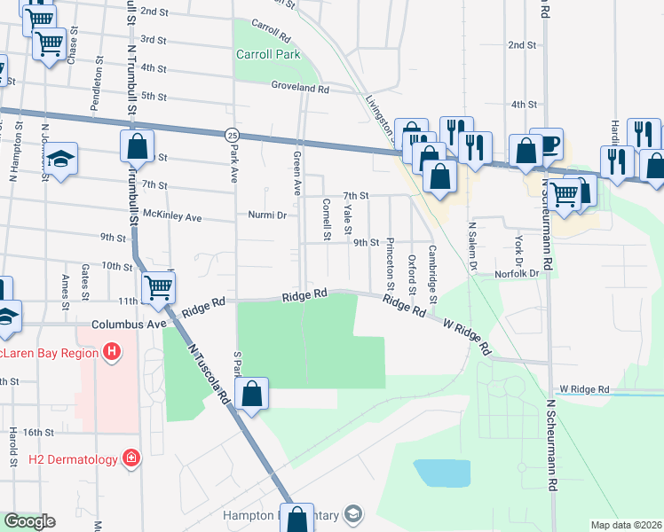 map of restaurants, bars, coffee shops, grocery stores, and more near 306 Cornell Street in Bay City