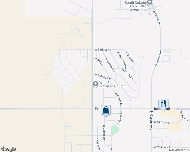 map of restaurants, bars, coffee shops, grocery stores, and more near 4733 West Antelope Drive in Sioux Falls