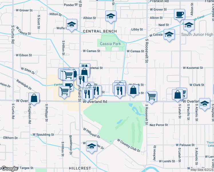 map of restaurants, bars, coffee shops, grocery stores, and more near 1401 South Newell Street in Boise