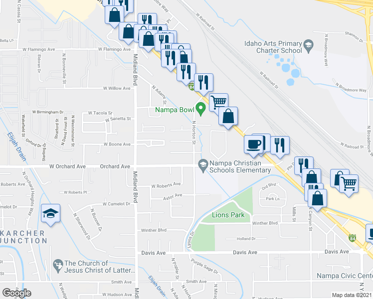 map of restaurants, bars, coffee shops, grocery stores, and more near 612 West Benton Avenue in Nampa