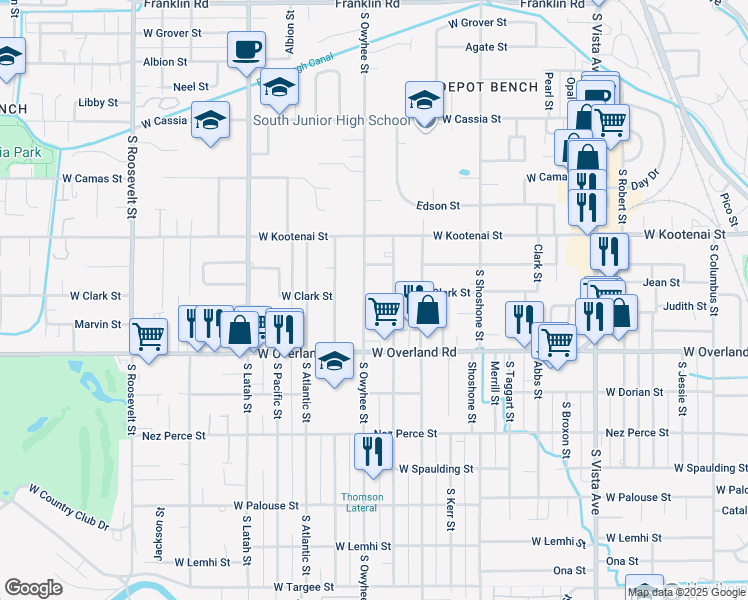 map of restaurants, bars, coffee shops, grocery stores, and more near 1402 South Owyhee Street in Boise