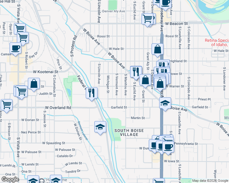 map of restaurants, bars, coffee shops, grocery stores, and more near 1709 South Vermont Avenue in Boise