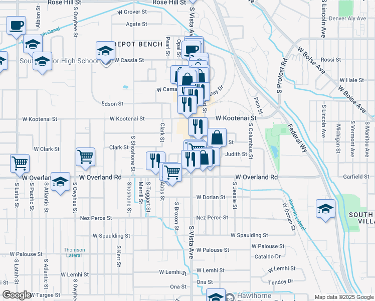 map of restaurants, bars, coffee shops, grocery stores, and more near 1407 South Vista Avenue in Boise