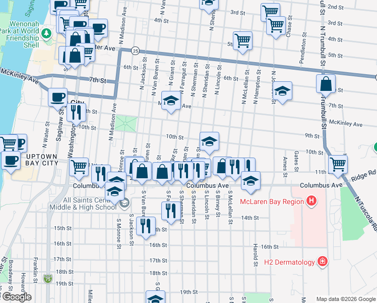 map of restaurants, bars, coffee shops, grocery stores, and more near 230 North Sherman Street in Bay City