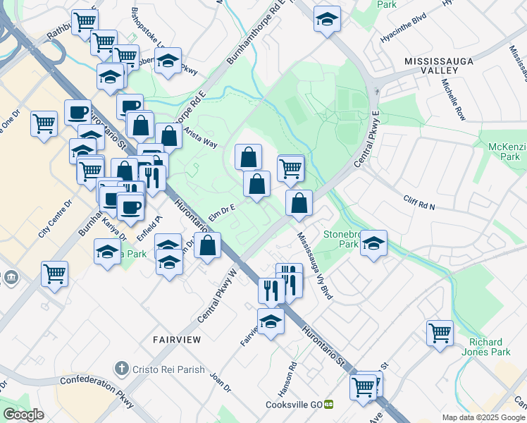 map of restaurants, bars, coffee shops, grocery stores, and more near 158 Mississauga Valley Boulevard in Mississauga