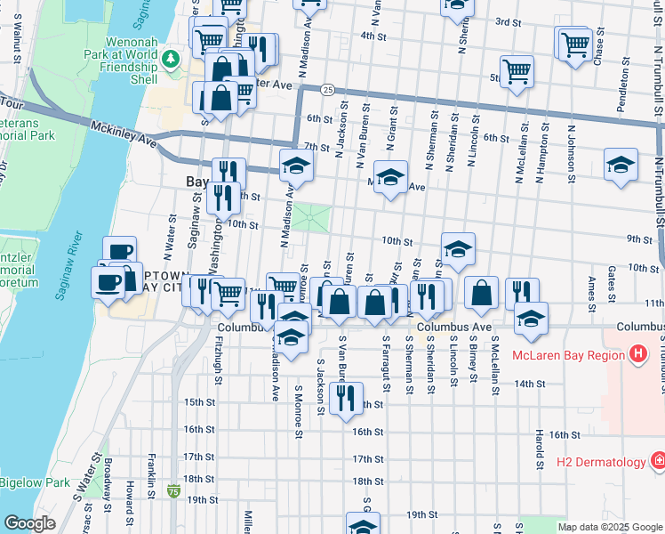 map of restaurants, bars, coffee shops, grocery stores, and more near 234 North Jackson Street in Bay City