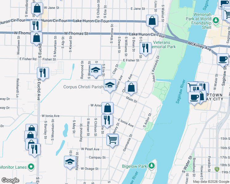 map of restaurants, bars, coffee shops, grocery stores, and more near 207 Main Street in Bay City