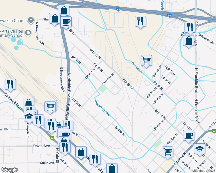 map of restaurants, bars, coffee shops, grocery stores, and more near 228 4th Street North in Nampa