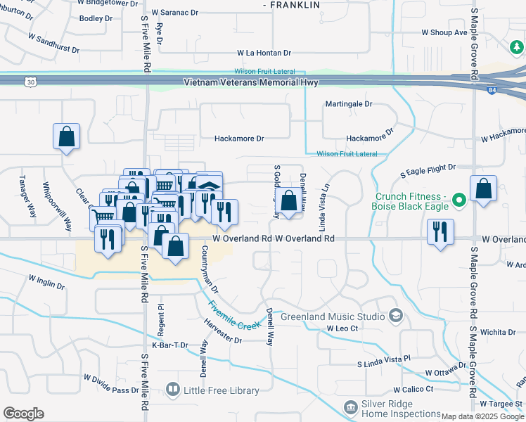 map of restaurants, bars, coffee shops, grocery stores, and more near 1461 South Goldking Way in Boise