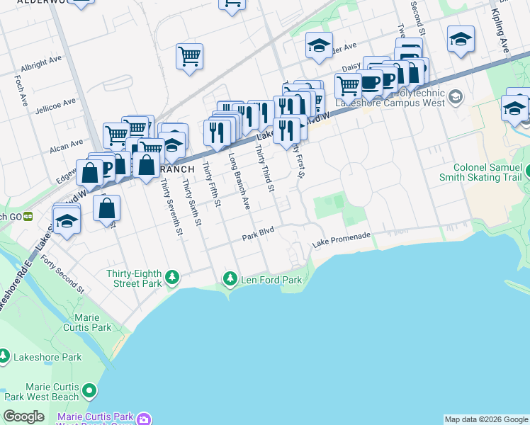 map of restaurants, bars, coffee shops, grocery stores, and more near in Toronto