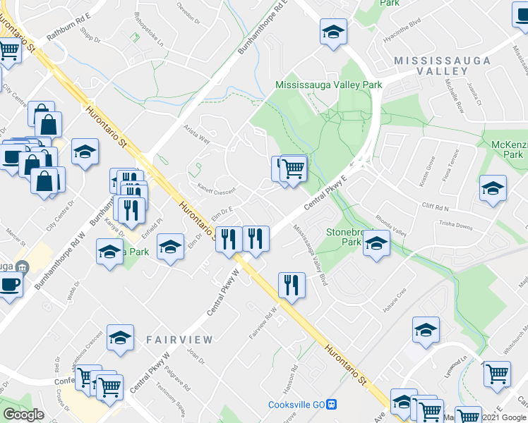 map of restaurants, bars, coffee shops, grocery stores, and more near 158 Mississauga Valley Boulevard in Mississauga