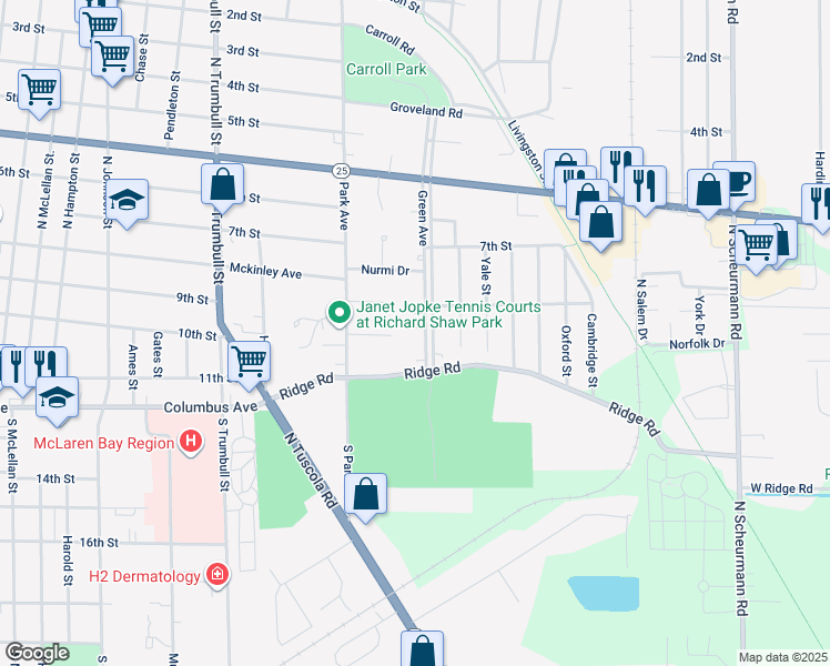 map of restaurants, bars, coffee shops, grocery stores, and more near 306 Green Avenue in Bay City