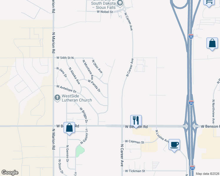map of restaurants, bars, coffee shops, grocery stores, and more near 4120 North Pennsylvania Avenue in Sioux Falls