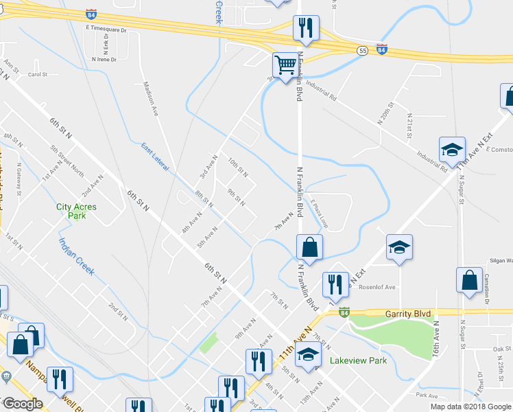 map of restaurants, bars, coffee shops, grocery stores, and more near 520 9th Street North in Nampa