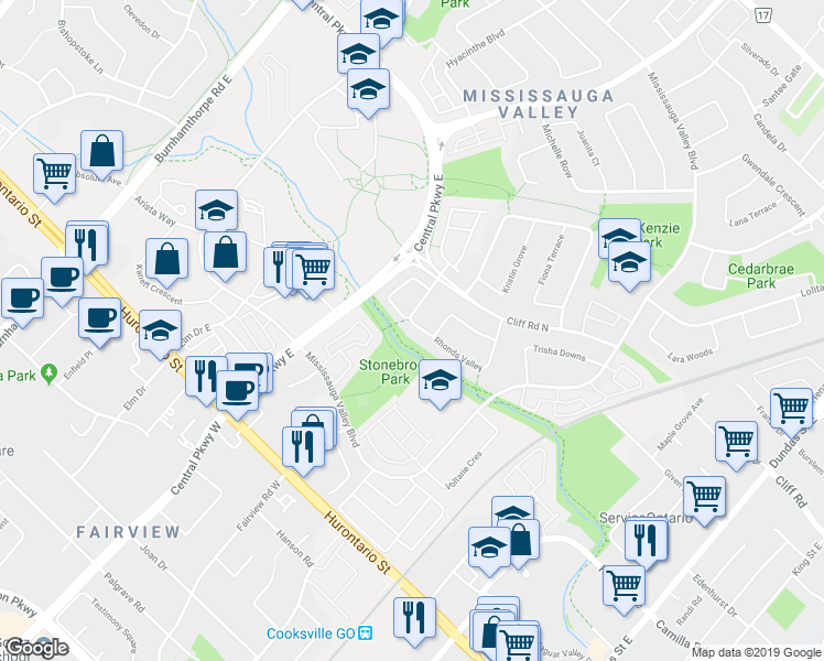 map of restaurants, bars, coffee shops, grocery stores, and more near 3370 Rhonda Valley in Mississauga