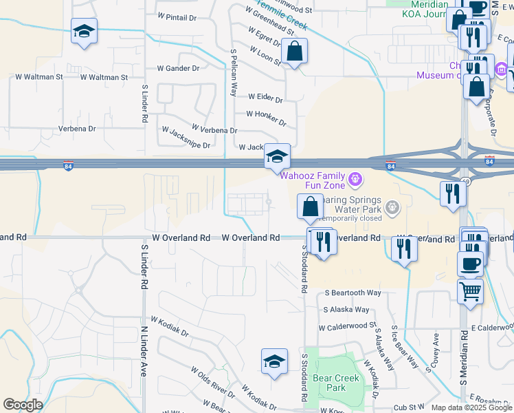 map of restaurants, bars, coffee shops, grocery stores, and more near 1495 South Tech Lane in Meridian