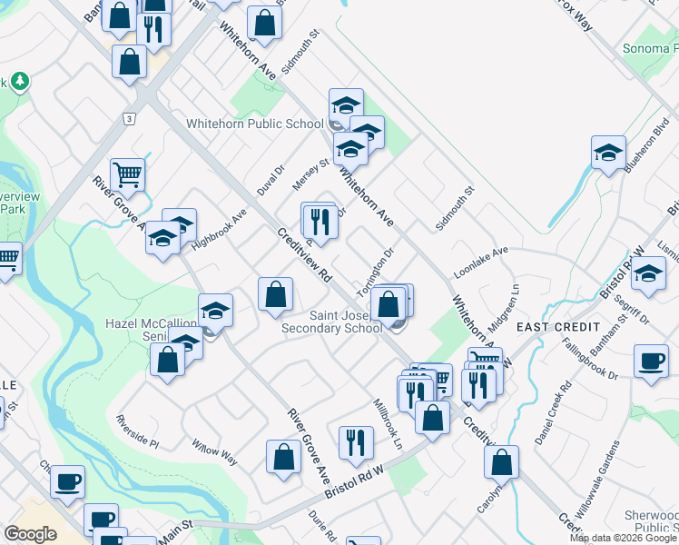 map of restaurants, bars, coffee shops, grocery stores, and more near 5765 Dawlish Crescent in Mississauga