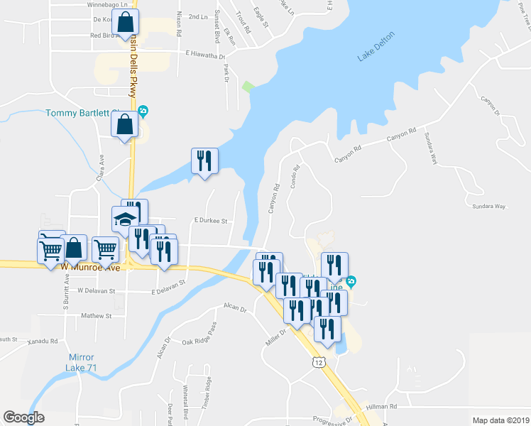 map of restaurants, bars, coffee shops, grocery stores, and more near 215 Canyon Road in Wisconsin Dells