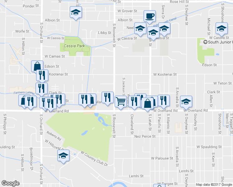 map of restaurants, bars, coffee shops, grocery stores, and more near 1400 South Roosevelt Street in Boise