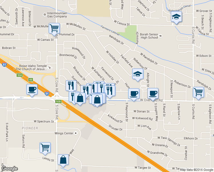 map of restaurants, bars, coffee shops, grocery stores, and more near 6811 West Ashland Drive in Boise