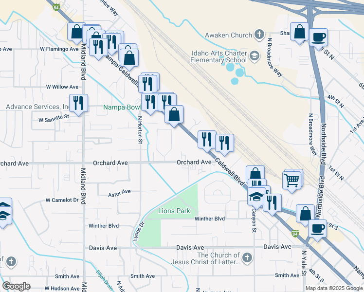 map of restaurants, bars, coffee shops, grocery stores, and more near 401 Caldwell Boulevard in Nampa
