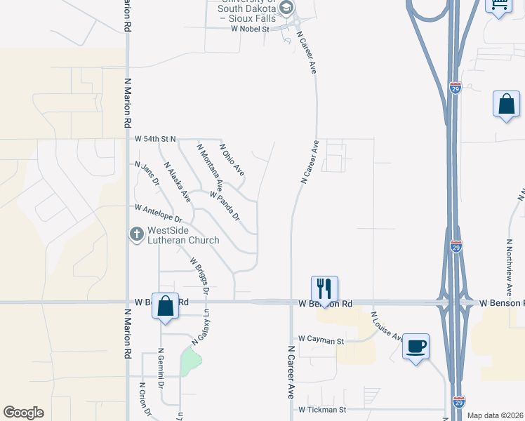 map of restaurants, bars, coffee shops, grocery stores, and more near 4120 North Pennsylvania Avenue in Sioux Falls